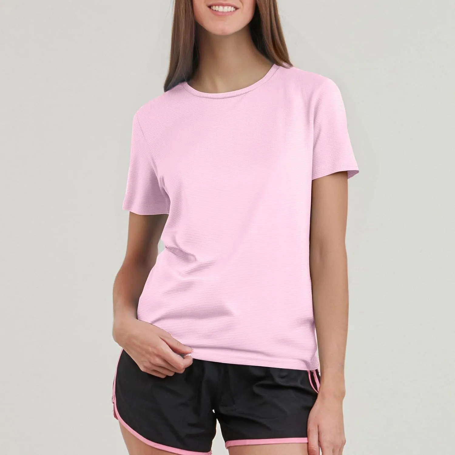 Workout Shirts Women Short Sleeve Crew Neck Plain T Shirts Casual Summer Textured Waffle Knit Tops Hiking Shirts