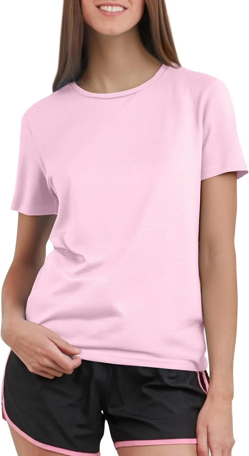 Workout Shirts Women Short Sleeve Crew Neck Plain T Shirts Casual Summer Textured Waffle Knit Tops Hiking Shirts