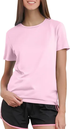 Workout Shirts Women Short Sleeve Crew Neck Plain T Shirts Casual Summer Textured Waffle Knit Tops Hiking Shirts