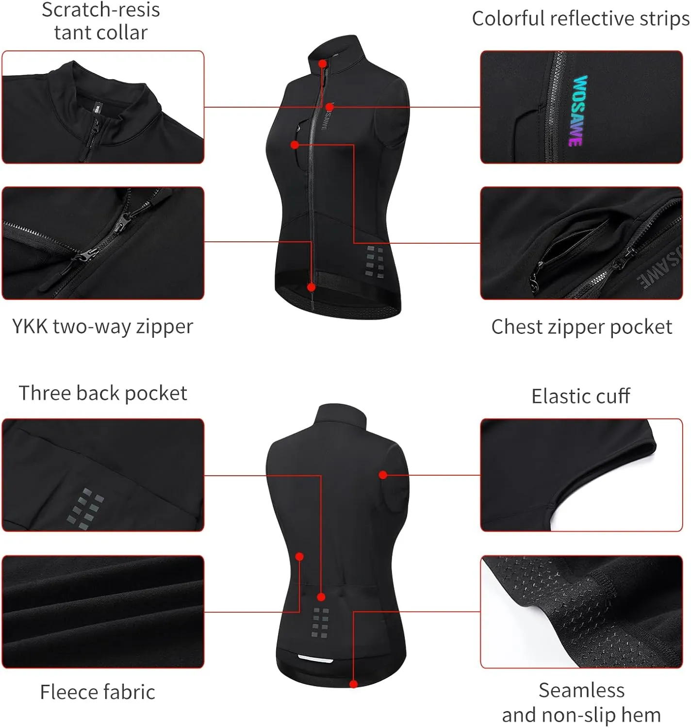 WOSAWE Women Winter Cycling Jacket Thermal Fleece Warm Bike Vest Breathable Sports Outerwear