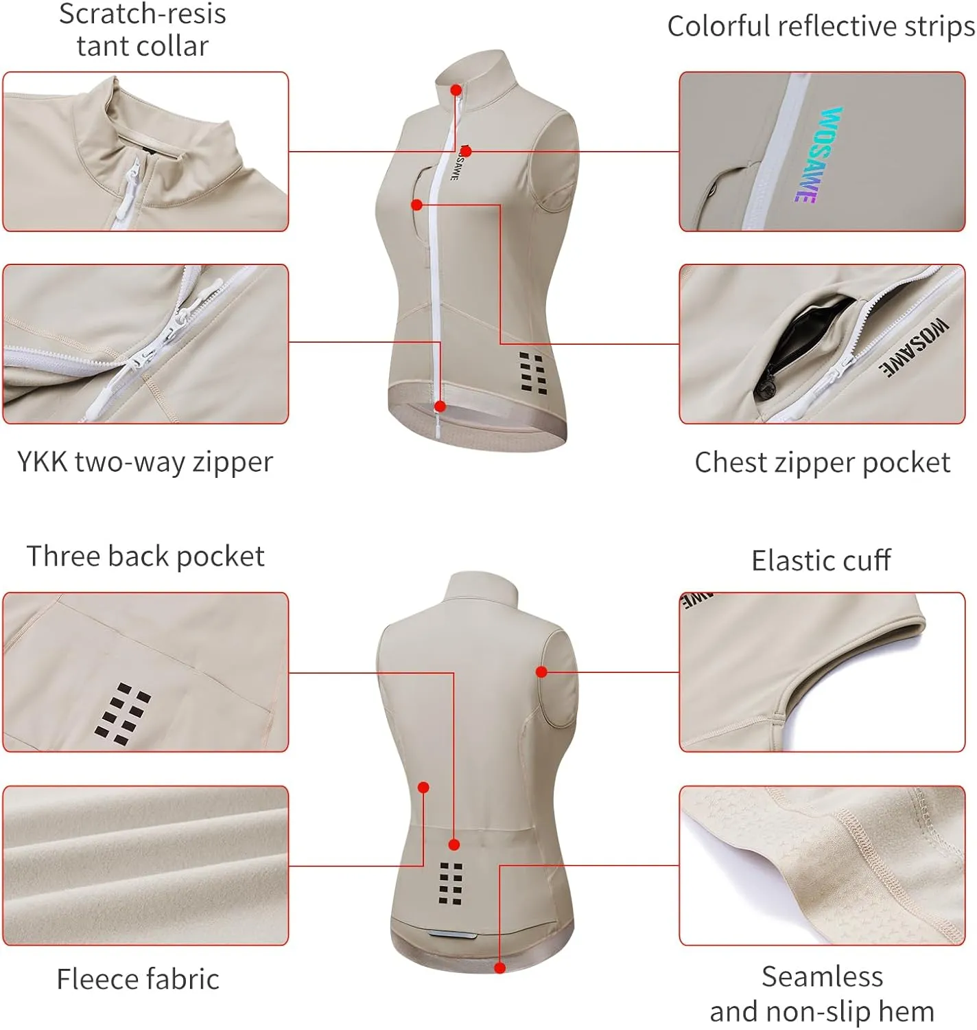 WOSAWE Women Winter Cycling Jacket Thermal Fleece Warm Bike Vest Breathable Sports Outerwear