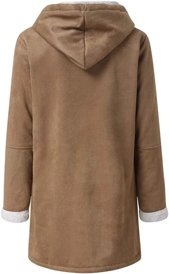 XUNRYAN Womens Winter Warm Coat with Hood Plus Size Suede Leather Sherpa Jackets Fleece Plush Hoodie Jackets Outerwear