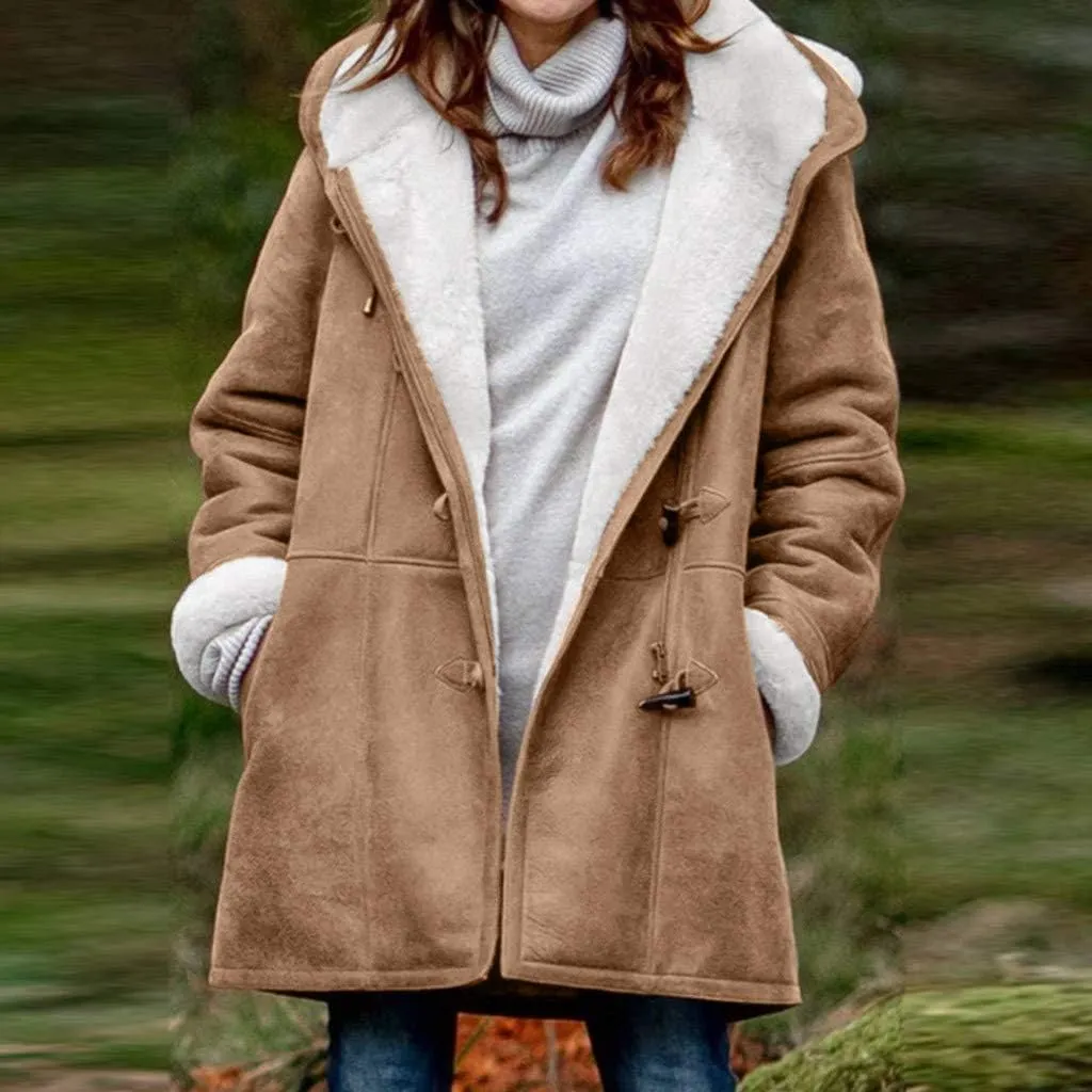 XUNRYAN Womens Winter Warm Coat with Hood Plus Size Suede Leather Sherpa Jackets Fleece Plush Hoodie Jackets Outerwear