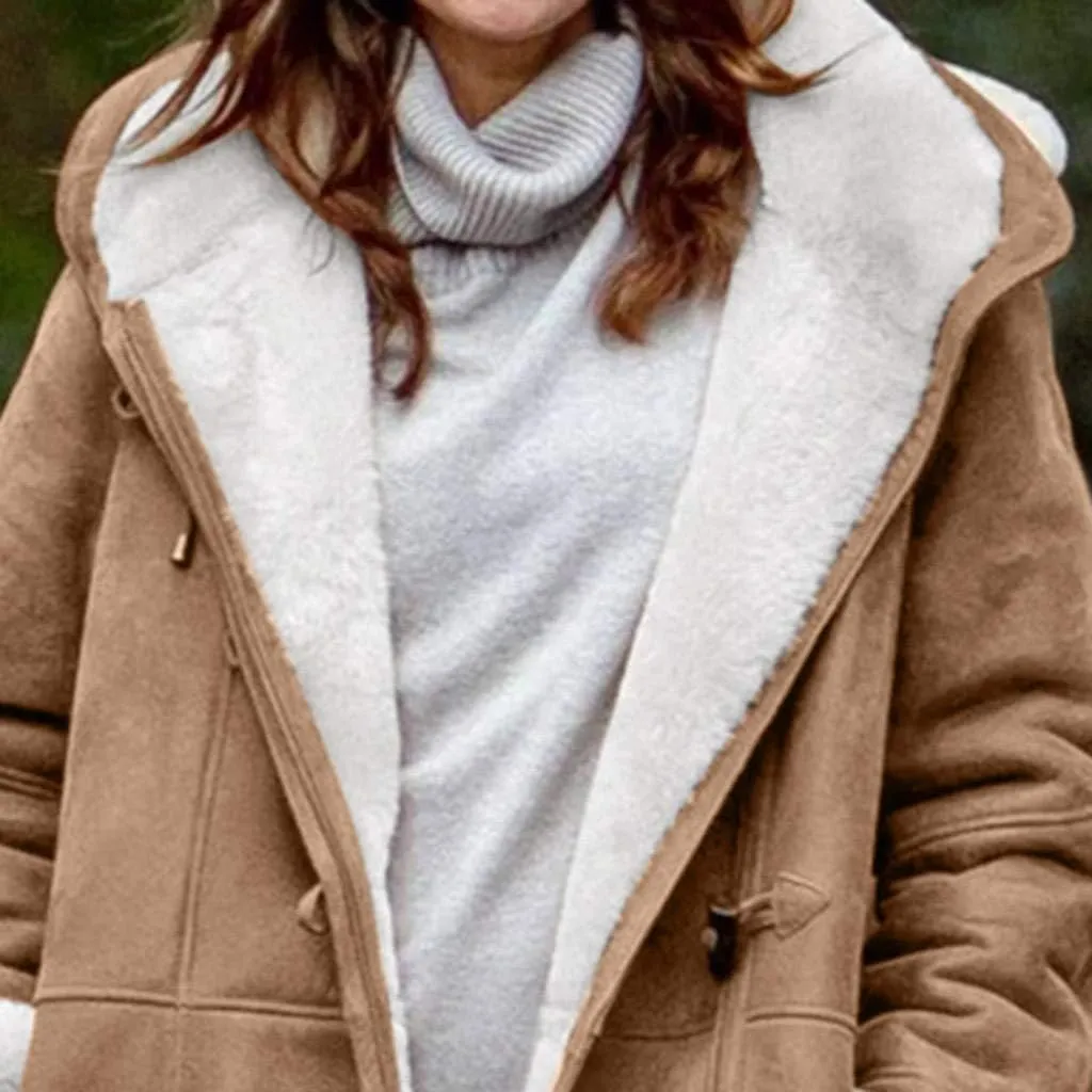 XUNRYAN Womens Winter Warm Coat with Hood Plus Size Suede Leather Sherpa Jackets Fleece Plush Hoodie Jackets Outerwear