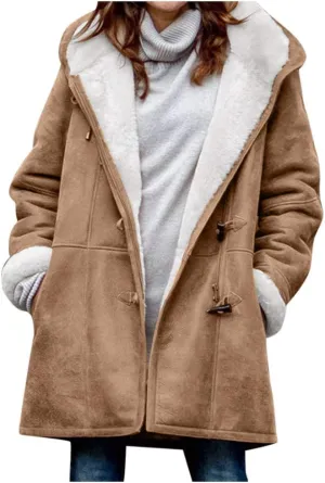 XUNRYAN Womens Winter Warm Coat with Hood Plus Size Suede Leather Sherpa Jackets Fleece Plush Hoodie Jackets Outerwear