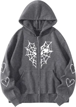 Y2K Hoodies for Women Full Zip Up Print Graphic Oversized Pockets Hooded Jacket 90s Long Sleeve Sweatshirt Streetwear Drop