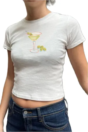 Y2K White Baby Tees for Women Cute Graphic Printed Crop Top Vintage Aesthetic Summer T Shirt for Teen Girls