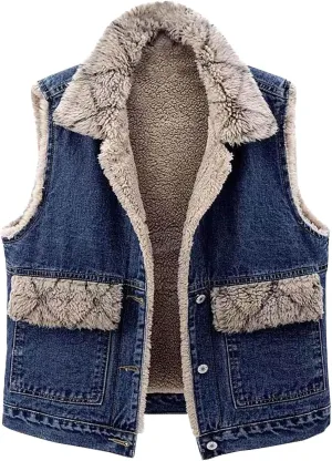 yardsong Fleece Lined Denim Vest for Women Winter Fuzzy Sherpa Sleeveless Jackets Button Down Casual Trucker Coats
