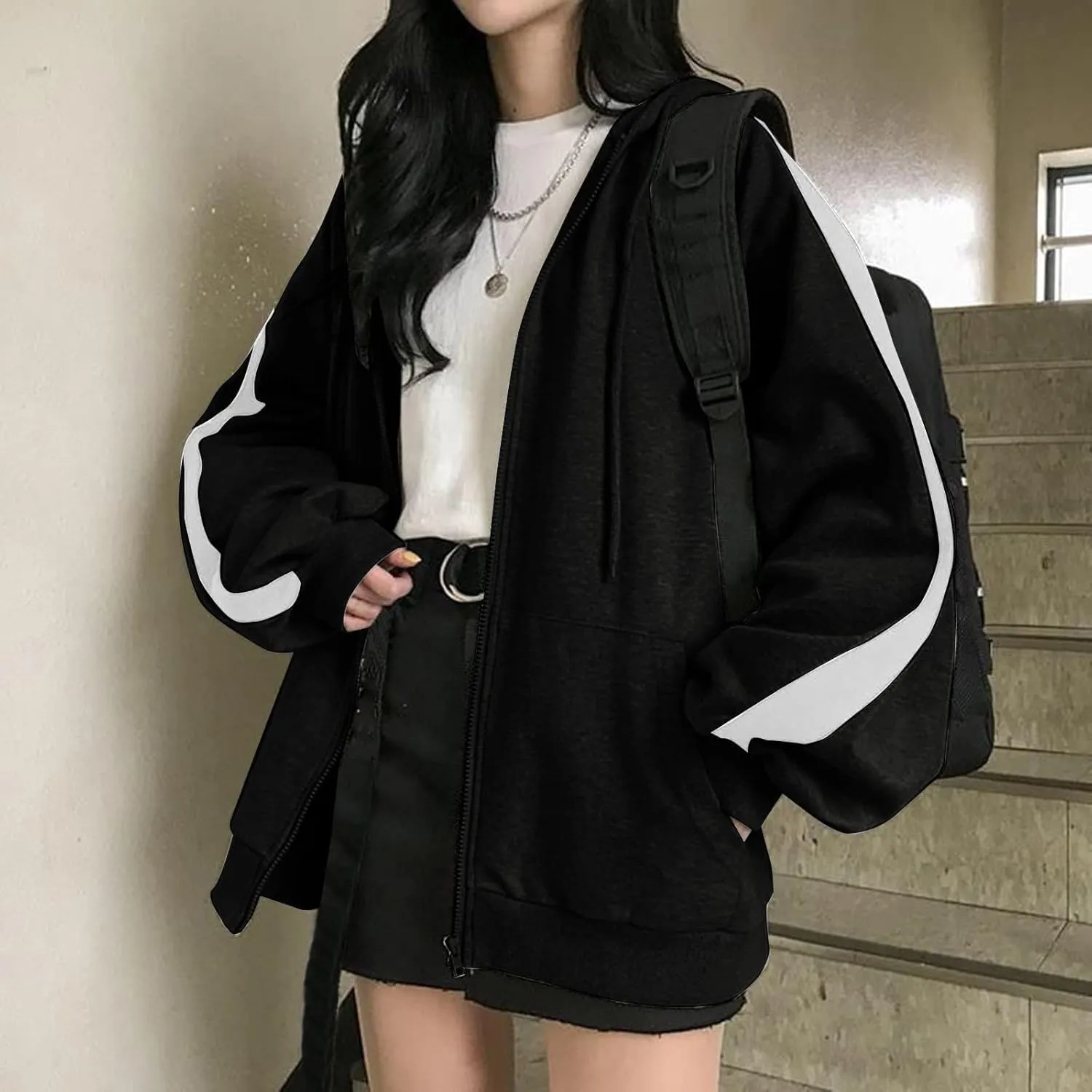 YOMXL Women's Y2K Vintage Graphic Zip Up Hoodie Oversized Casual Drawstring Hoodie E-Girl 90s Streetwear Jacket Tracksuit