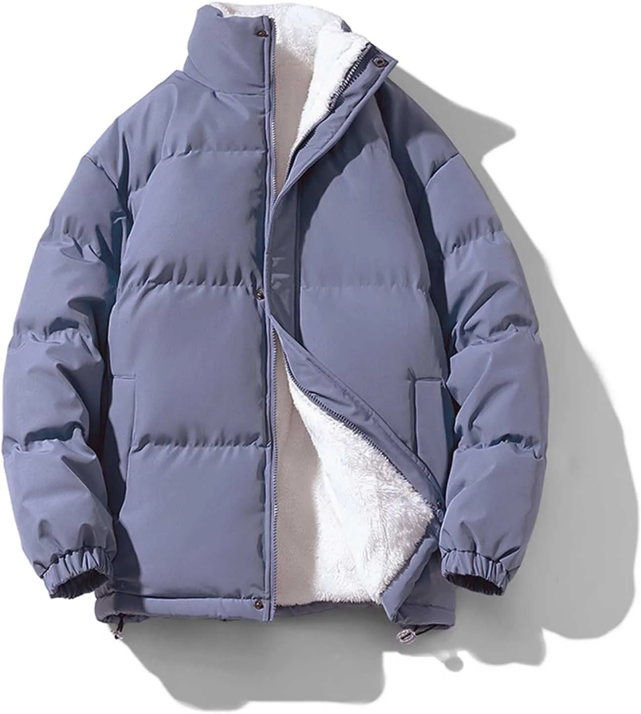 Zeiyignr Men Padded Down Jacket Fleece Lined Warm Coat Full Zip Puffer Jackets Fashion Clothing Winter Solid Color Streetwear